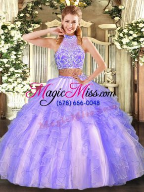 Stylish Tulle Halter Top Sleeveless Criss Cross Beading and Ruffled Layers Sweet 16 Quinceanera Dress in Lavender