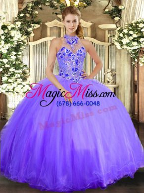 Lavender Lace Up Halter Top Embroidery Quinceanera Dress Tulle Sleeveless
