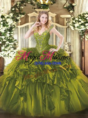 Artistic Olive Green Lace Up Vestidos de Quinceanera Beading and Ruffles Sleeveless Floor Length
