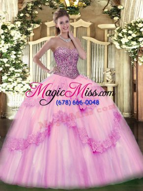 Pink Lace Up Quinceanera Dress Beading and Appliques and Ruffles Sleeveless Floor Length