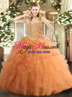 Orange Ball Gowns Sweetheart Sleeveless Tulle Floor Length Lace Up Beading and Ruffles 15 Quinceanera Dress