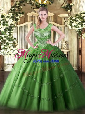 Green Scoop Neckline Beading and Appliques Sweet 16 Quinceanera Dress Sleeveless Lace Up