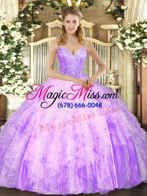 Most Popular Lilac Tulle Lace Up V-neck Sleeveless Floor Length Sweet 16 Dress Beading and Ruffles