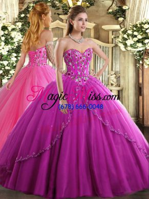 Fuchsia Sleeveless Appliques and Embroidery Lace Up Quinceanera Dresses