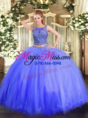 Tulle Scoop Sleeveless Lace Up Beading Sweet 16 Quinceanera Dress in Blue