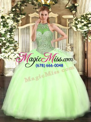 Chic Yellow Green Lace Up Quinceanera Gown Beading Sleeveless Floor Length