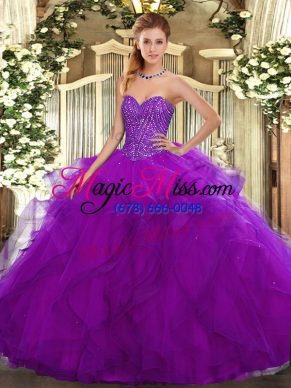 Simple Purple Tulle Lace Up Quince Ball Gowns Sleeveless Floor Length Beading and Ruffles