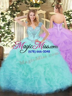 Sweet Aqua Blue Sleeveless Ruffles Floor Length Ball Gown Prom Dress