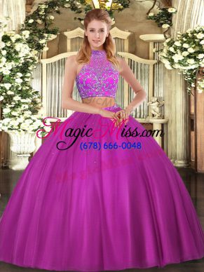 Stunning Sleeveless Floor Length Beading Criss Cross Sweet 16 Dresses with Fuchsia