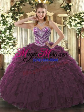 Burgundy Sleeveless Floor Length Beading and Ruffled Layers Lace Up 15 Quinceanera Dress