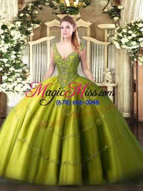 Luxurious Olive Green Lace Up Vestidos de Quinceanera Beading and Appliques Sleeveless Floor Length