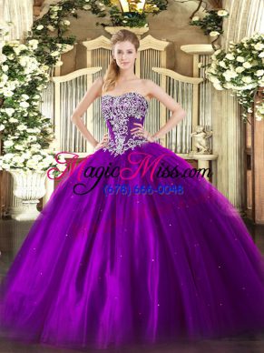 Fashionable Purple Lace Up 15th Birthday Dress Beading Sleeveless Floor Length