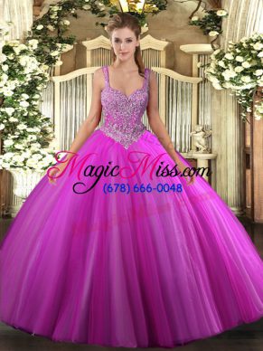 Wonderful Sleeveless Floor Length Beading Lace Up 15 Quinceanera Dress with Fuchsia