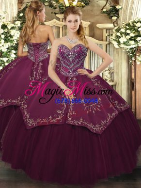 Great Burgundy Taffeta and Tulle Lace Up Sweetheart Sleeveless Floor Length Sweet 16 Dress Beading and Pattern