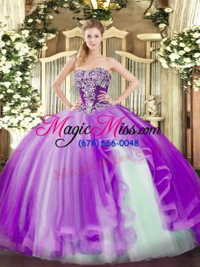 Lavender Tulle Lace Up Strapless Sleeveless Floor Length Quinceanera Gown Beading and Ruffles