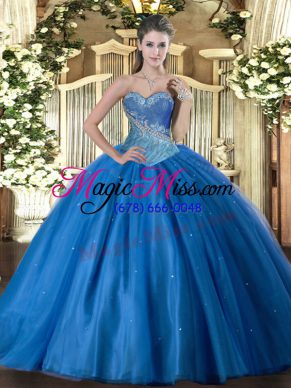 Colorful Blue Ball Gowns Tulle Sweetheart Sleeveless Beading Floor Length Lace Up Quinceanera Gowns