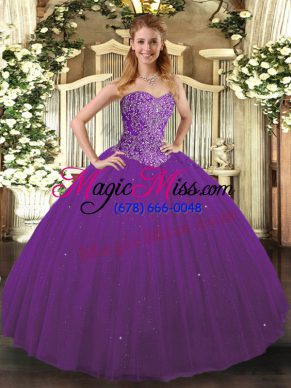 Dramatic Beading Sweet 16 Dress Purple Lace Up Sleeveless Floor Length
