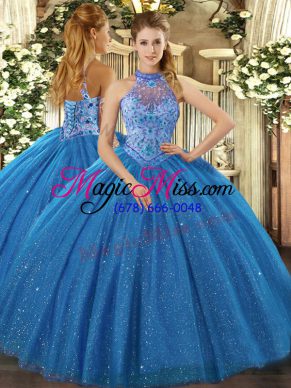 Perfect Sleeveless Floor Length Beading and Embroidery Lace Up Vestidos de Quinceanera with Blue