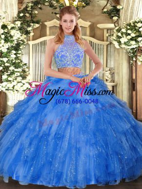Glorious Teal Two Pieces Beading and Ruffles Quinceanera Dress Criss Cross Tulle Sleeveless Floor Length
