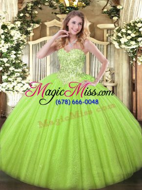Cute Yellow Green Ball Gowns Sweetheart Sleeveless Tulle and Sequined Floor Length Lace Up Appliques Quinceanera Dresses