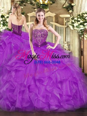 Purple Organza Lace Up Strapless Sleeveless Floor Length Sweet 16 Quinceanera Dress Beading and Ruffles