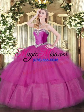 Fuchsia Tulle Lace Up 15th Birthday Dress Sleeveless Floor Length Beading and Ruffled Layers