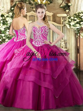 Fuchsia Sweetheart Lace Up Beading and Ruffled Layers 15 Quinceanera Dress Sleeveless