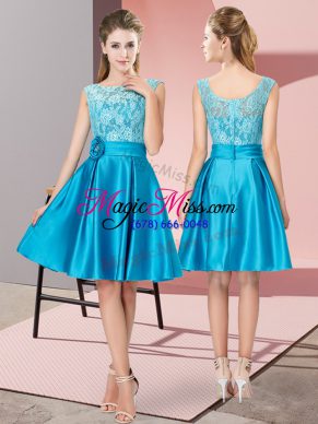 Blue Satin Zipper Prom Gown Sleeveless Knee Length Lace and Hand Made Flower