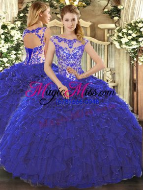 Fashionable Royal Blue Ball Gowns Beading and Ruffles Quinceanera Gown Lace Up Organza Cap Sleeves Floor Length