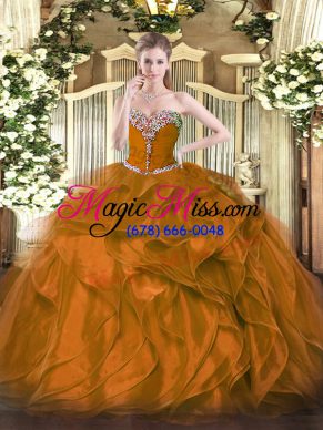 Spectacular Brown Ball Gowns Sweetheart Sleeveless Organza Floor Length Lace Up Beading and Ruffles Ball Gown Prom Dress