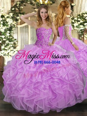 Attractive Sleeveless Tulle Floor Length Lace Up Quinceanera Dresses in Lilac with Beading and Ruffles