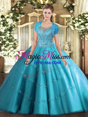 Exquisite Floor Length Aqua Blue 15 Quinceanera Dress Scoop Sleeveless Clasp Handle