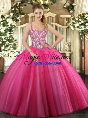 Modern Sleeveless Tulle Floor Length Lace Up Quince Ball Gowns in Hot Pink with Beading