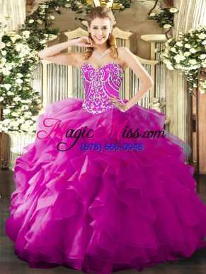 Fuchsia Sleeveless Beading and Ruffles Floor Length 15th Birthday Dress