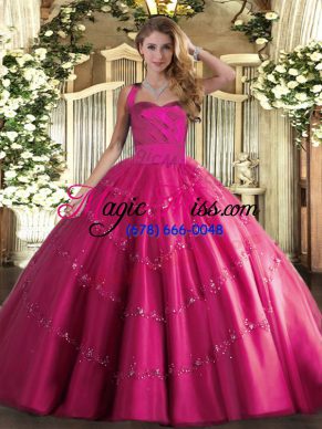 Sleeveless Tulle Floor Length Lace Up Sweet 16 Dress in Hot Pink with Appliques