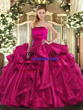 Comfortable Hot Pink Strapless Lace Up Ruffles Sweet 16 Dress Sleeveless