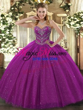 Noble Fuchsia Ball Gowns Sweetheart Sleeveless Lace Floor Length Lace Up Beading Vestidos de Quinceanera