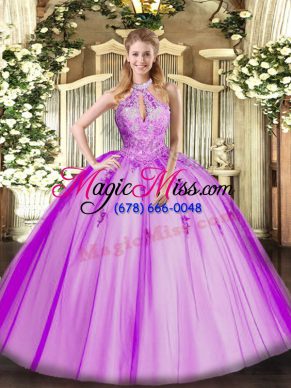 Hot Selling Sleeveless Tulle Floor Length Lace Up 15th Birthday Dress in Fuchsia with Lace and Appliques