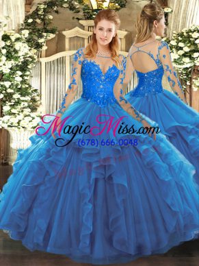 Custom Fit Blue Long Sleeves Tulle Lace Up 15th Birthday Dress for Military Ball and Sweet 16 and Quinceanera