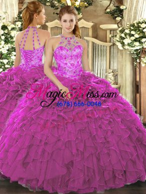 Edgy Fuchsia Sleeveless Floor Length Beading and Embroidery and Ruffles Lace Up Sweet 16 Dress