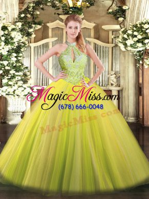 Floor Length Lace Up 15th Birthday Dress Yellow Green for Military Ball and Sweet 16 and Quinceanera with Sequins