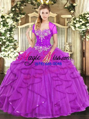 Fuchsia Lace Up Sweetheart Beading and Ruffles Quinceanera Gown Tulle Sleeveless