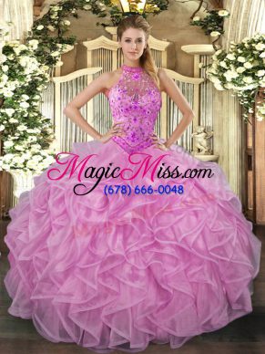 Sumptuous Lilac Halter Top Lace Up Beading and Embroidery and Ruffles Quince Ball Gowns Sleeveless