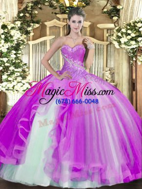 Pretty Floor Length Lilac Sweet 16 Dress Tulle Sleeveless Beading and Ruffles