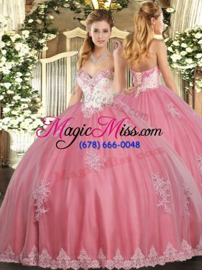 Flirting Watermelon Red Lace Up Sweetheart Beading and Appliques 15th Birthday Dress Tulle Sleeveless