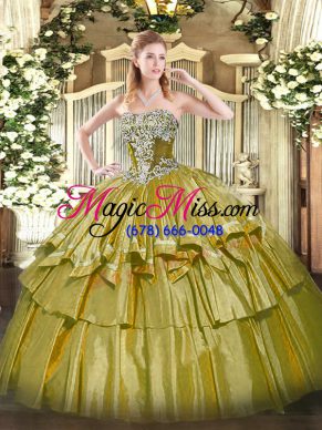 Exquisite Floor Length Lace Up Sweet 16 Dresses Olive Green for Military Ball and Sweet 16 and Quinceanera with Beading and Ruffled Layers