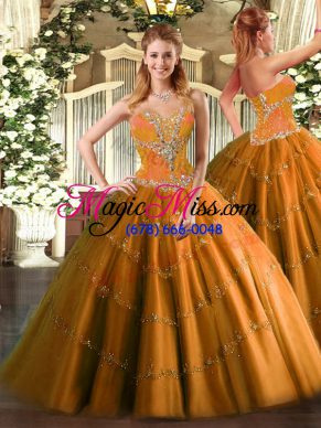 Sleeveless Floor Length Beading Lace Up Ball Gown Prom Dress with Orange