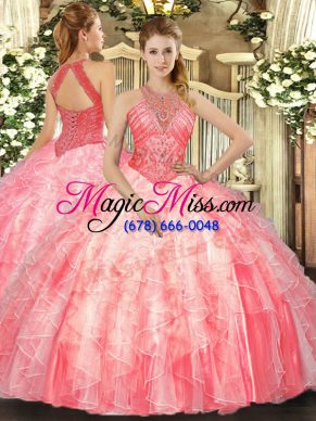 Watermelon Red Ball Gowns High-neck Sleeveless Organza Floor Length Lace Up Beading and Ruffles Ball Gown Prom Dress