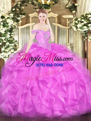 Sleeveless Organza Floor Length Lace Up 15 Quinceanera Dress in Lilac with Beading and Ruffles
