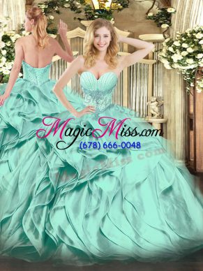 Shining Turquoise Sleeveless Organza Lace Up Quinceanera Dresses for Military Ball and Sweet 16 and Quinceanera